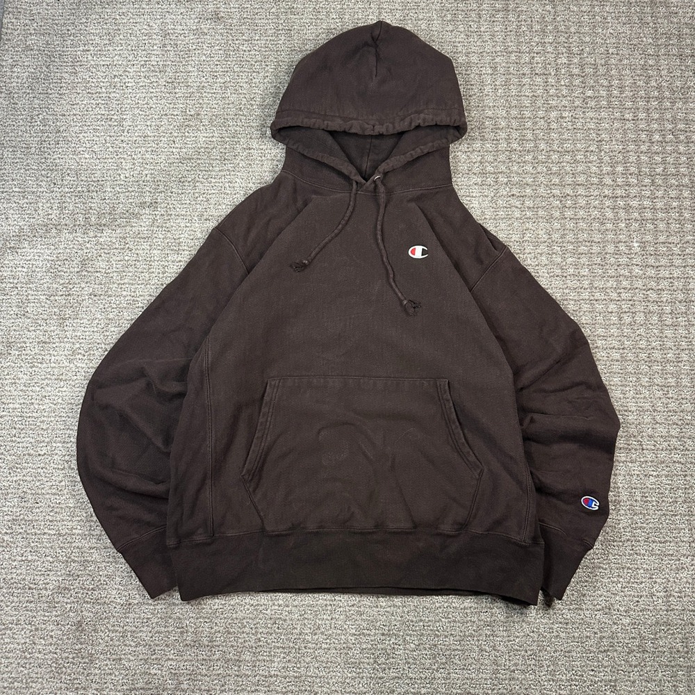 Y2K Champion Reverse Weave Hoodie Mens Large Brown Heavyweight Sweatshirt GF68